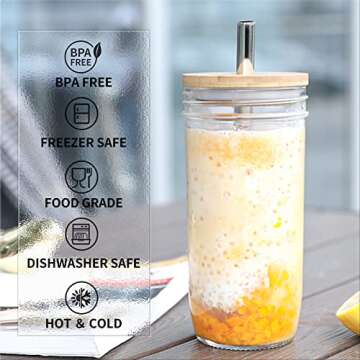 zunmial 2 Pack Smoothie Cup, 24oz Mason Jar with Lid and Straw, Mason Jar Cups, Bubble Tea Cups, Mason Jar Drinking Glasses