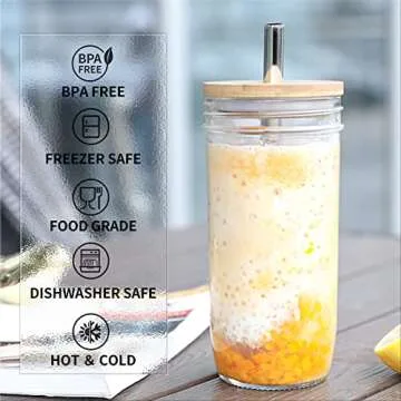 zunmial 2 Pack Smoothie Cup, 24oz Mason Jar with Lid and Straw, Mason Jar Cups, Bubble Tea Cups, Mason Jar Drinking Glasses