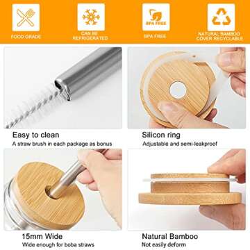 zunmial 2 Pack Smoothie Cup, 24oz Mason Jar with Lid and Straw, Mason Jar Cups, Bubble Tea Cups, Mason Jar Drinking Glasses