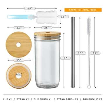 zunmial 2 Pack Smoothie Cup, 24oz Mason Jar with Lid and Straw, Mason Jar Cups, Bubble Tea Cups, Mason Jar Drinking Glasses