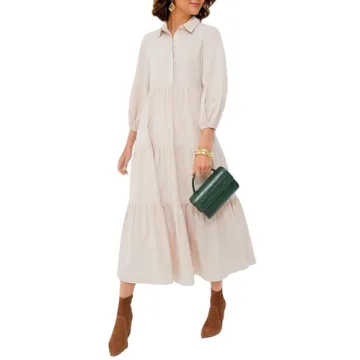 YEXPINE Women Spring Long Sleeve Maxi Dresses Casual Button Up Smocked Solid Boho Flowy Long Maxi Dr...