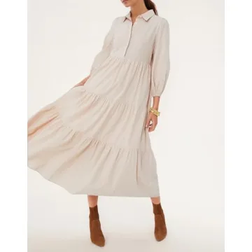 YEXPINE Women Spring Long Sleeve Maxi Dresses Casual Button Up Smocked Solid Boho Flowy Long Maxi Dress Khaki