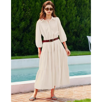 YEXPINE Women Spring Long Sleeve Maxi Dresses Casual Button Up Smocked Solid Boho Flowy Long Maxi Dress Khaki