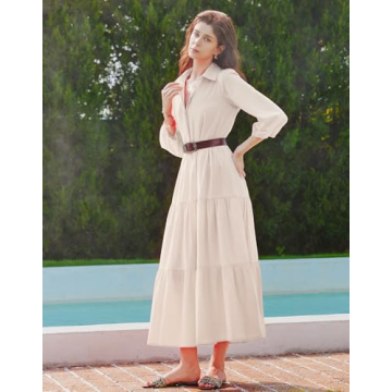 YEXPINE Women Spring Long Sleeve Maxi Dresses Casual Button Up Smocked Solid Boho Flowy Long Maxi Dress Khaki