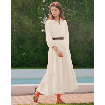 YEXPINE Women Spring Long Sleeve Maxi Dresses Casual Button Up Smocked Solid Boho Flowy Long Maxi Dress Khaki
