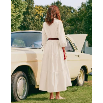 YEXPINE Women Spring Long Sleeve Maxi Dresses Casual Button Up Smocked Solid Boho Flowy Long Maxi Dress Khaki