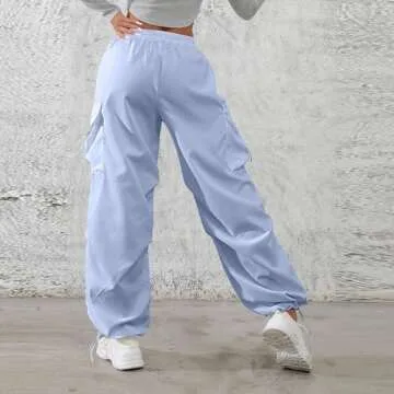 Wide Leg Pants Woman Baggy Cargo Pants Women Relaxed Fit High Waisted Parachute Pants with Pockets Lightweight Outdoor Hiking Pants Y2k Streetwear Palazzo Pants for Women Soft Workout Pants