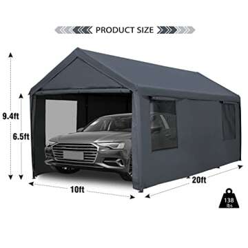 NOWENSOL Carport Canopy 10x20ft Heavy Duty with Removable Sidewalls & Doors, Portable Car Port Garag...