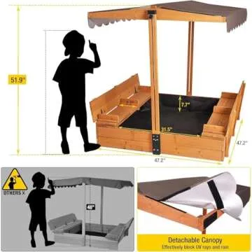 Aivituvin Kids Sand Boxes with Canopy Sandboxes with Covers Foldable Bench Seats, Children Outdoor Wooden Playset - Upgrade Retractable Roof (47x47Inch)