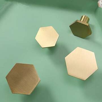 Solid Brass Hexagon Kitchen Cabinet Knobs and Pulls Gold Drawer Dresser Furniture Cupboard Door Pull Handles Hardware (S 18x25mm,4)
