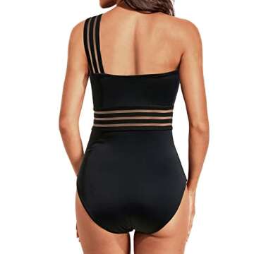Tempt Me Women One Shoulder One Piece Swimsuits Tummy Control Bathing Suits Mesh Swimwear Black X-Small
