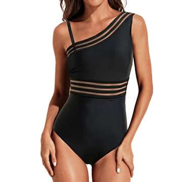 Tempt Me Women One Shoulder One Piece Swimsuits Tummy Control Bathing Suits Mesh Swimwear Black X-Small