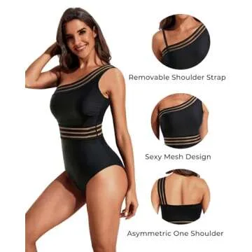Tempt Me Women One Shoulder One Piece Swimsuits Tummy Control Bathing Suits Mesh Swimwear Black X-Small
