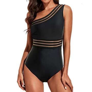 Tempt Me Women One Shoulder One Piece Swimsuits Tummy Control Bathing Suits Mesh Swimwear Black X-Small