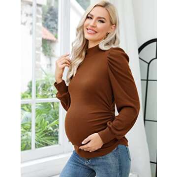 Coolmee Women's Knit Ribbed Maternity Top Mock Neck Long Sleeve Shirts Pregnant Ruched Tunic Pullover Sweater Brown S
