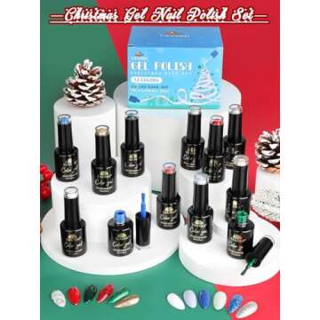 EBANKU Gel Nail Polish Kit, 12 Colors Gel Polish Kit Red Green Gel Polish Glitter Blue Silver Gel Polish Set Christmas Nail Polish Kit DIY Manicure Set For Holiday Nail Art Decoration