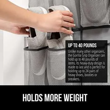 Gorilla Grip Over the Door Shoe Organizer, 2 Pack, 24 Breathable Mesh Pockets, Space Saving Hanging Storage Holder, Closet Rack Hanger Holds Up to 40 lbs, Hangs on Closets, Shoes, Accessories, Gray