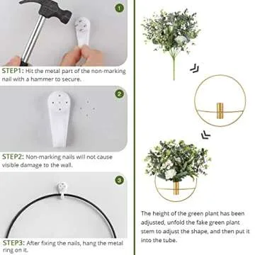 Pretty Jolly Wall Decor, Wall Metal vase Decoration Holder, Wall-Mounted Artificial Flowers, Golden Wall Decor Fake Eucalyptus 2 Pack, Wall Art Artificial Greenery, Farmhouse, Boho