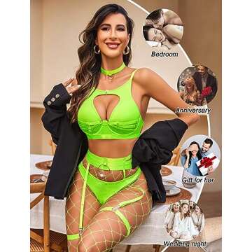Avidlove Sexy Lingerie Set with Underwire Garter Belt Lingerie Set for Women Bra and Panty 5 Piece with Choker(No Stockings) Neon Green