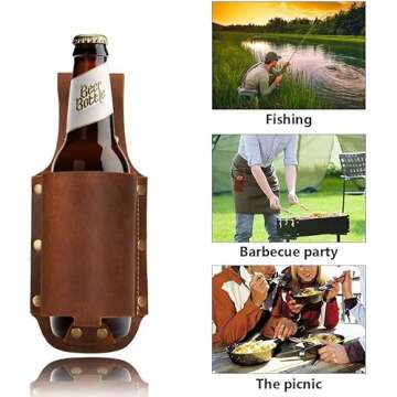 Beer Holder,Leather Beer Holster Bottle Holders,Beer Belt Holder Beer Gifts for Men,BBQ/Grilling Gifts for Travel Camping Party Outdoor,Cool Beer Accessories Gadgets for Men (Brown)