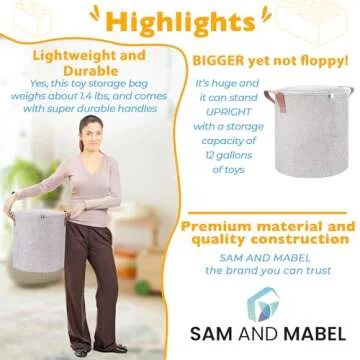 SAM AND MABEL XXL Toy Storage Organizer with Play Mat – 15" x 15" x 16" Storage Bin for Kids Playroom, Foldable Fabric Bag and Basket for Nursery (Gray)