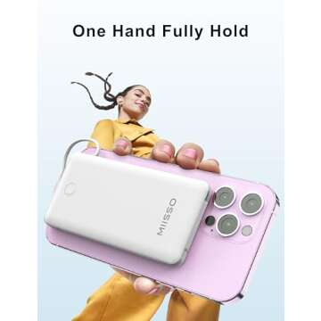 miisso 10000mAh Slim Portable Charger with Built in Cable, Power Bank Travel Charger External Battery Pack for Phone, 4 Output USB Type C Cord Clutch Charger Compatible with iPhone, White