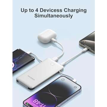 miisso 10000mAh Slim Portable Charger with Built in Cable, Power Bank Travel Charger External Battery Pack for Phone, 4 Output USB Type C Cord Clutch Charger Compatible with iPhone, White