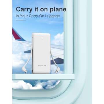 miisso 10000mAh Slim Portable Charger with Built in Cable, Power Bank Travel Charger External Battery Pack for Phone, 4 Output USB Type C Cord Clutch Charger Compatible with iPhone, White