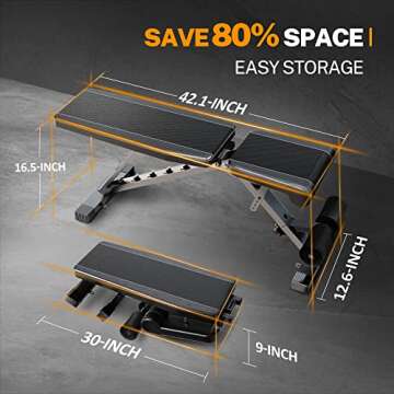 SpoxFit Adjustable Weight Bench, Full Body Workout Bench for Home Gym, Multi-Purpose Small Lightweight Bench Set with Exercise Accessories, 5 Sec Quick Folding Bench, Super Easy Assembly