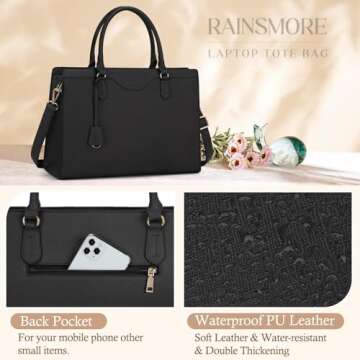 RAINSMORE Laptop Bag for Women 15.6 Inch Waterproof Leather Computer Tote Bag Professional Business Office Work Bags Briefcase Large Capacity Lightweight Women Handbag Shoulder Bag, Black