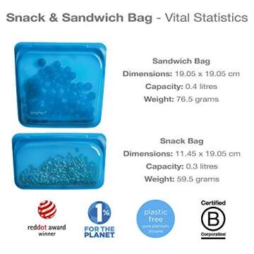 Stasher Re-Usable Food-Grade Platinum Silicone Sandwich and Snack Bag for Eating from/Cooking, Freezing and Storing in/Protecting Electronic Devices/Organising/Travelling, Set of 2, Blueberry