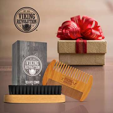 Viking Revolution Beard Comb & Beard Brush Set for Men - Natural Boar Bristle Brush and Dual Action ...