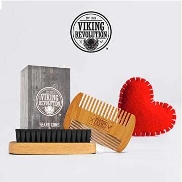 Viking Revolution Beard Comb & Beard Brush Set for Men - Natural Boar Bristle Brush and Dual Action Pear Wood Comb w/Velvet Travel Pouch - Great for Grooming Beards and Mustaches