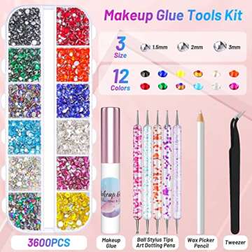 Face Makeup Glue Gum Spirit Adhesive with 3600Pcs Face Gems Eyes Jewels for Cosplay Costume, Cosmeti...