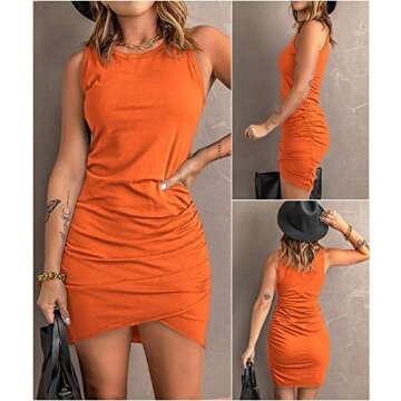 BTFBM Women 2025 Summer Sleeveless Tank Dresses Crew Neck Slim Fit Short Casual Ruched Bodycon Party Club Mini Dress(Bright Orange, Medium)