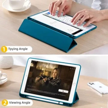 Akkerds Case Compatible with iPad 10.2 Inch 2021/2020/2019, for iPad 9th/8th/7th Generation Case with Pencil Holder, Protective Case with Soft TPU Back, Auto Sleep/Wake Cover, PeacockBlue