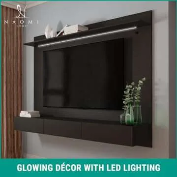 Bliss Modern Wall Mounted Entertainment Center, Floating TV Natural Wall Panel for 70 inch TVs, Tv Frames for Wall Mounted tv with LED Strip, Pull-Out Drawers and Overhead Shelf – Black, Pine Wood