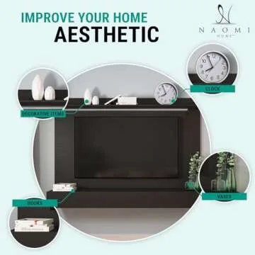 Bliss Modern Wall Mounted Entertainment Center, Floating TV Natural Wall Panel for 70 inch TVs, Tv Frames for Wall Mounted tv with LED Strip, Pull-Out Drawers and Overhead Shelf – Black, Pine Wood