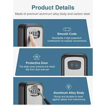Puroma Security Key Lock Box, 4-Digit Combination Waterproof Lock Box Key Storage Lockbox Wall Mount 5 Key Large Capacity for House Key, Special Car Key, ID Card (Black & Gray)