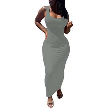 PINSV Women's Sexy Bodycon Tank Dress Basic Sleeveless Long Maxi Dresses Party Club Beach Sundresses Dark Grey XL