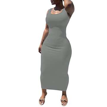 PINSV Women's Sexy Bodycon Tank Dress Basic Sleeveless Long Maxi Dresses Party Club Beach Sundresses Dark Grey XL