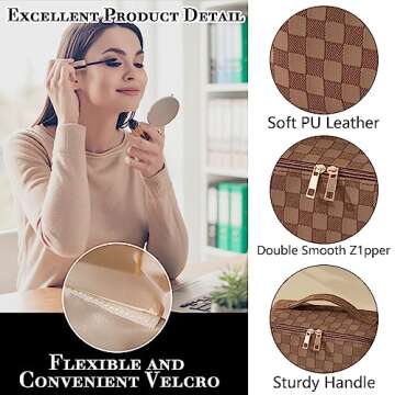 MINGRI Large Capacity Travel Cosmetic Bag for Women,Portable PU Leather Checkered Makeup Bag Water Resistant,Flat Open Multifunctional Storage Toiletry Bag with Divider and Handle (Brown)