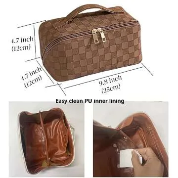 MINGRI Large Capacity Travel Cosmetic Bag for Women,Portable PU Leather Checkered Makeup Bag Water Resistant,Flat Open Multifunctional Storage Toiletry Bag with Divider and Handle (Brown)