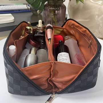 MINGRI Large Capacity Travel Cosmetic Bag for Women,Portable PU Leather Checkered Makeup Bag Water Resistant,Flat Open Multifunctional Storage Toiletry Bag with Divider and Handle (Brown)