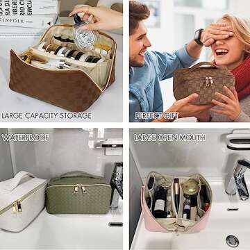 MINGRI Large Capacity Travel Cosmetic Bag for Women,Portable PU Leather Checkered Makeup Bag Water Resistant,Flat Open Multifunctional Storage Toiletry Bag with Divider and Handle (Brown)