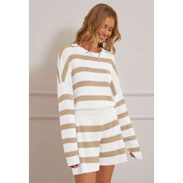 MEROKEETY Women's 2 Piece Sweater Lounge Sets Striped Long Sleeve Shorts Oversized Matching Outfits, KhakiCombo, Small