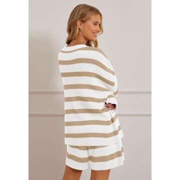 MEROKEETY Women's 2 Piece Sweater Lounge Sets Striped Long Sleeve Shorts Oversized Matching Outfits, KhakiCombo, Small