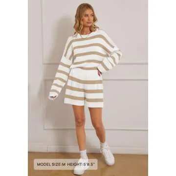 MEROKEETY Women's 2 Piece Sweater Lounge Sets Striped Long Sleeve Shorts Oversized Matching Outfits, KhakiCombo, Small
