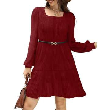 Cozy Red Womens Babydoll Winter Tunic Dress with Pockets