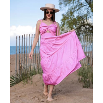 luvamia Womens Summer Dresses Long Midi Dress Sundresses for Women Cut Out Spaghetti Strap Dress Midi Dresses for Women Wedding Guest Womens Midi Dresses Aurora Pink Size X-Small Fits Size 0 Size 2